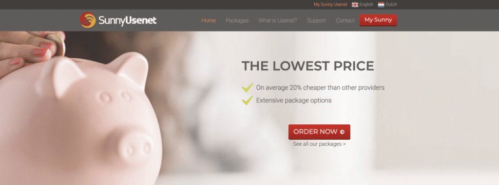 A woman's hand is putting a coin into a piggybank. Next to it is the headline, "The Lowest Price" and the followup text, "On average 20% cheaper than other providers. Extensive package options."