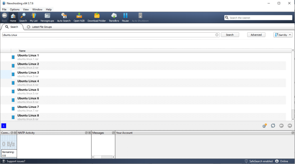 A Screenshot of the Newshosting Usenet Newsreader User Interface. Somebody has searched for "Ubuntu Linux" and gotten a number of results.