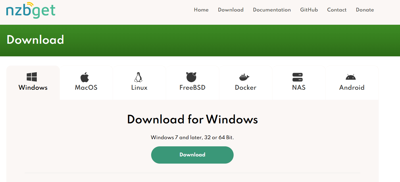 NZBGet download page showing the button for the Windows installer.