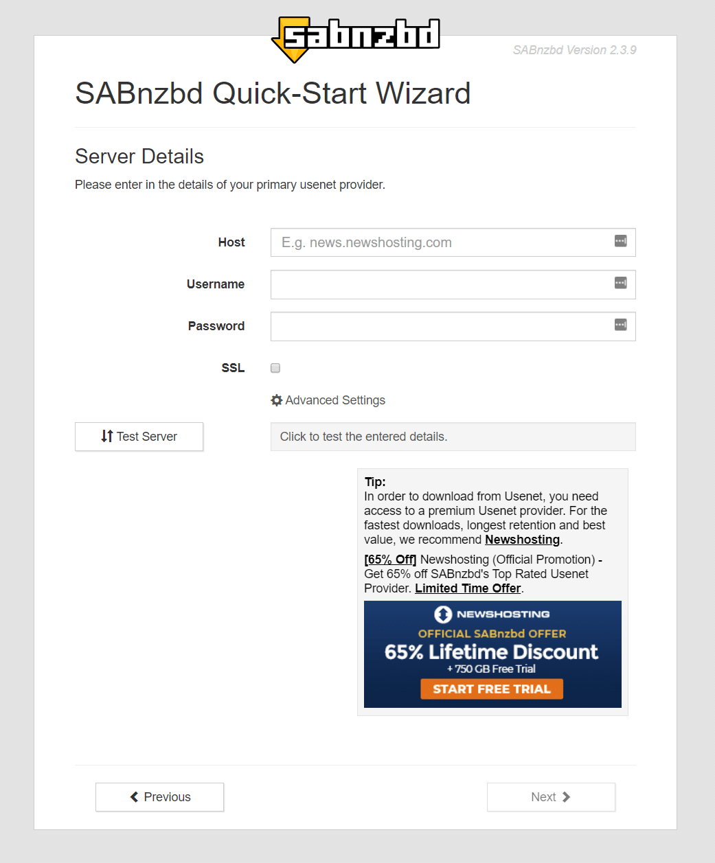SABnzbd Server Details screen in the Quick-Start Wizard.