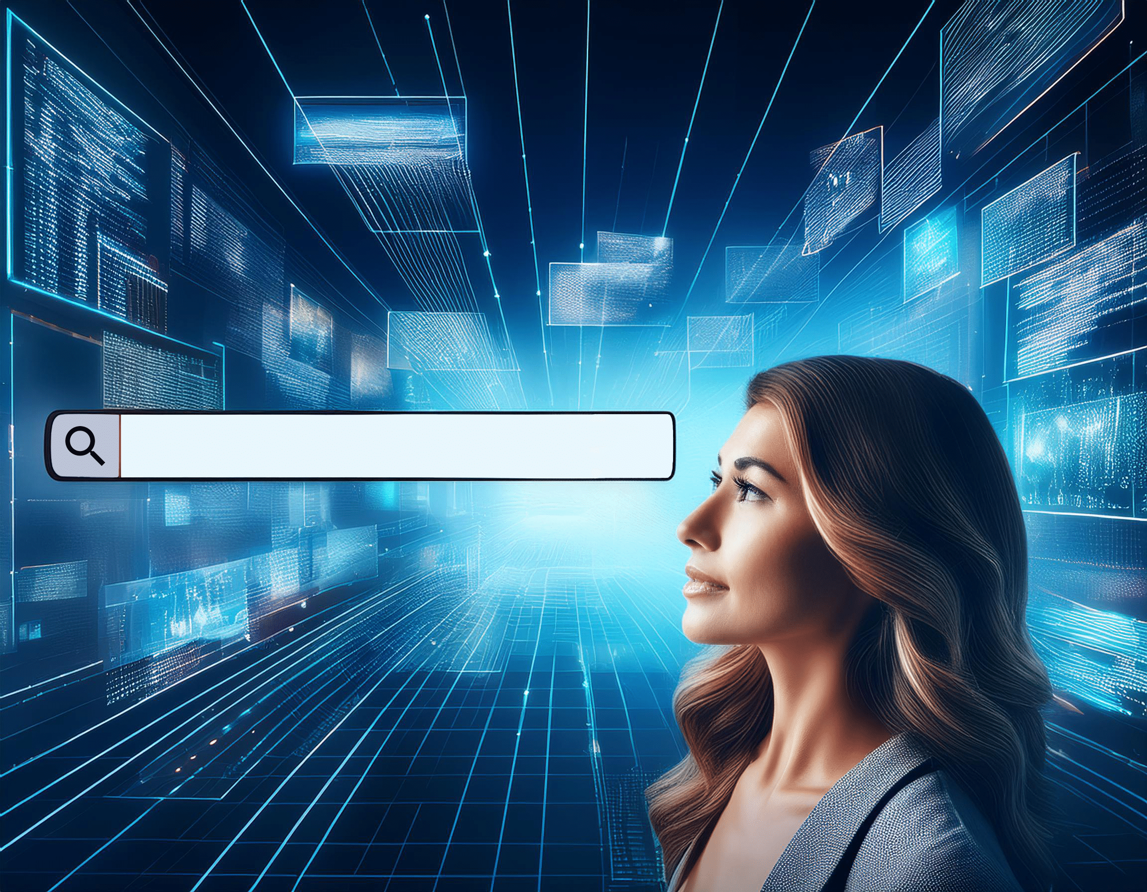 A woman looking at a floating Usenet search box in front of a bunch of digital imagery.