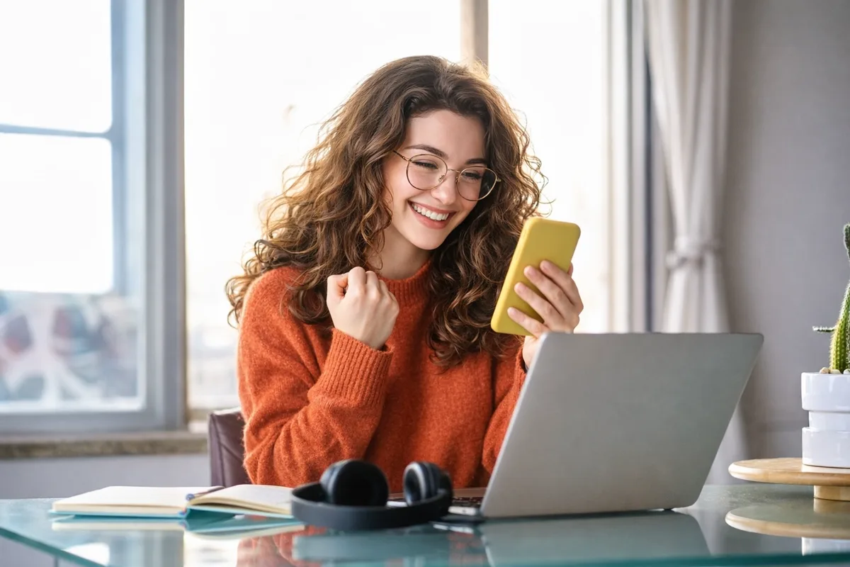 Woman wearing glasses and a red sweater sitting in front of a laptop and holding her phone, pumping her fist victoriously.
