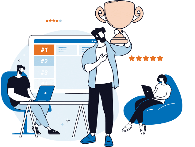 Cartoon person holding a trophy for the Best Value Usenet Provider in the foreground with a woman in the background in a beanbag chair on a laptop and a man in the background on a regular chair with a laptop.