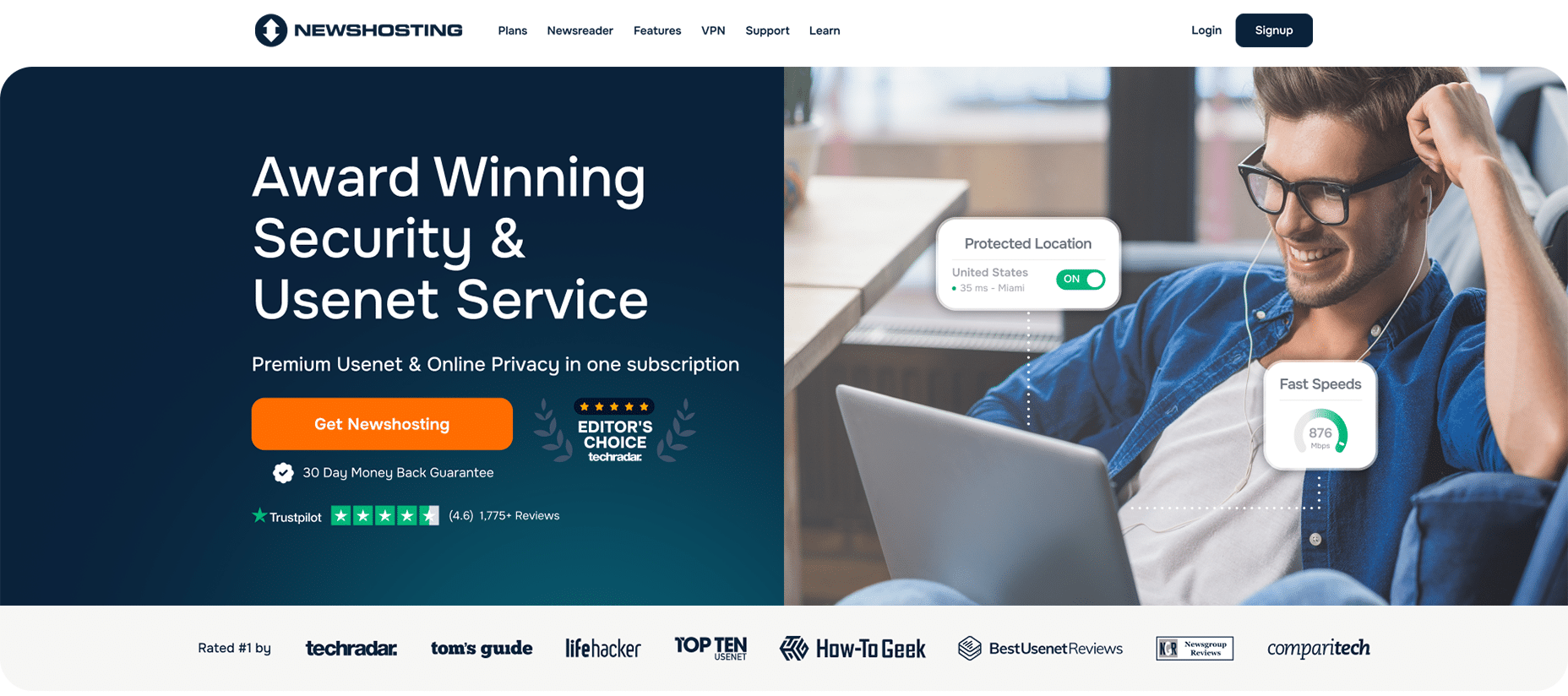 A young man wearing a blue buttondown shirt over a white undershirt is sitting on a couch. He is looking at a laptop and smiling. Two boxes are hovering over the image, one that reads “Protected Location” and has a switch toggled on to indicate it is protecting his data, and the other that reads “Fast Speeds” and shows 879 Mbps, demonstrating that he is getting fast Internet speeds, including on Usenet.