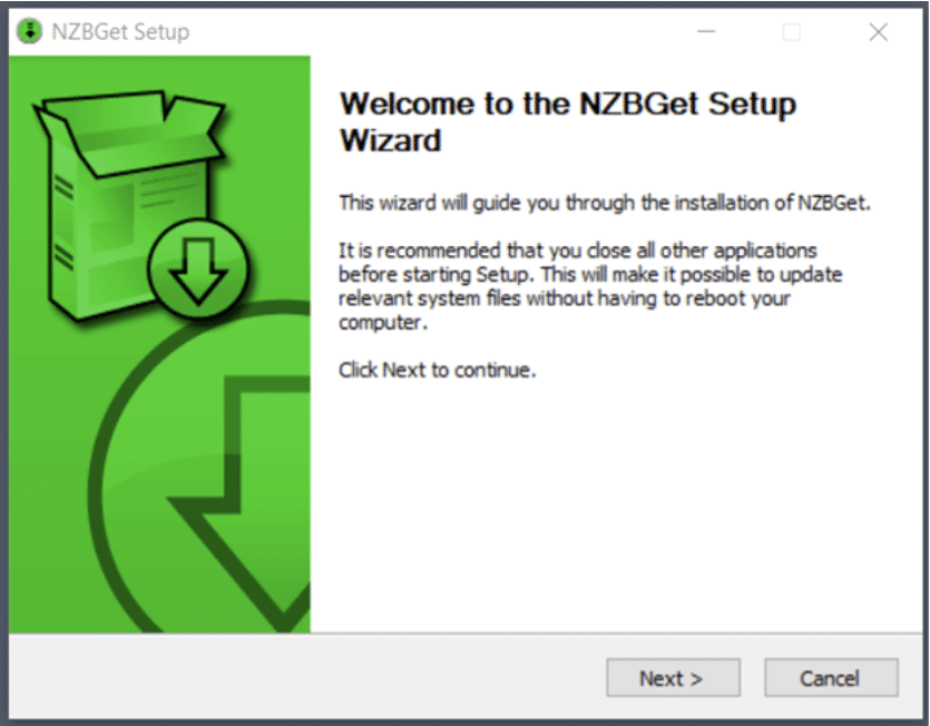 The first screen of the NZBGet installation wizard.