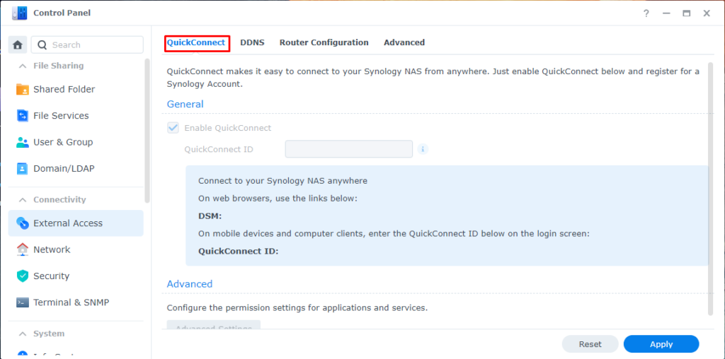 Image of the NAS Control Panel showing the way to set up an external connection