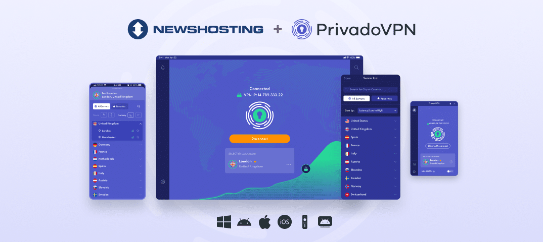 Newshosting Usenet VPN. Image of the VPN operating on various devices with the Newshosting and PrivadoVPN logos at the top.