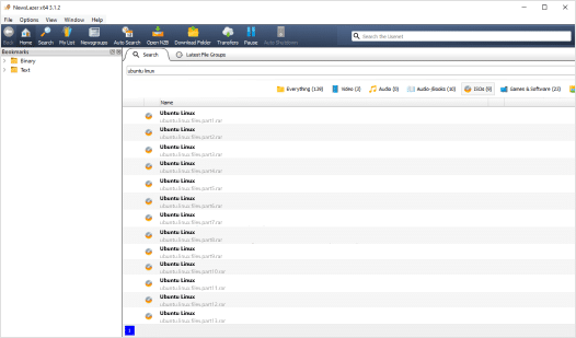 A Screenshot of the Newslazer user interface. Somebody has searched for "Ubuntu Linux" and gotten a number of results.