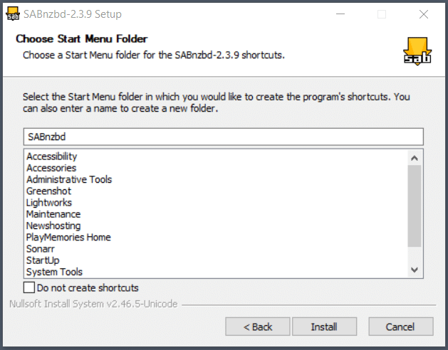 Start Menu Selection screen of the SABnzbd setup wizard.