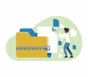 A cartoon person is pressing a simplified image of a file into a folder with a zipper on it.
