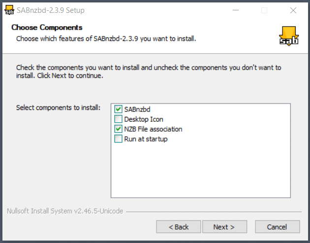 Component selection screen of the SABnzbd setup wizard.