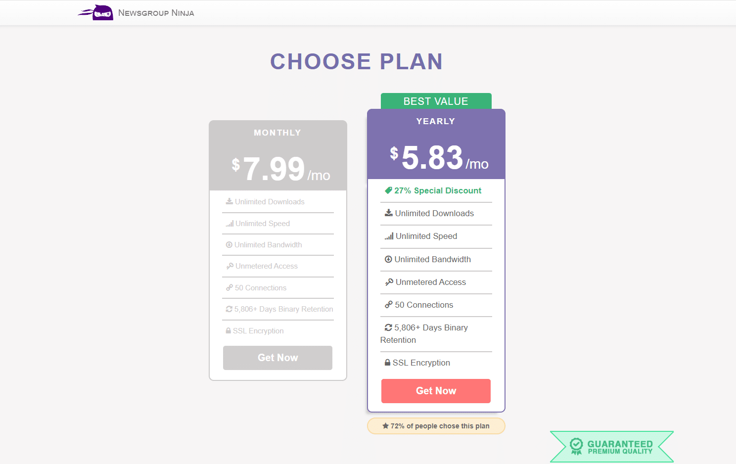 Image of Newsgroup Ninja plans. Monthly $7.99 per month and annually $5.83 per month.