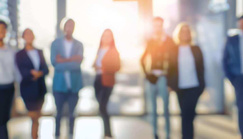 A picture of seven people who are blurry and standing in front of a window with a bright sunrise behind them.