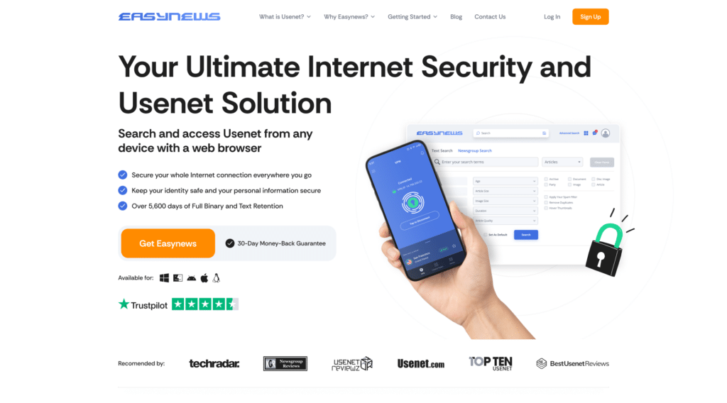 A hand is holding a cellphone with a VPN connection screen. Behind the hand is a window with the advanced Easynews search screen and a cartoon lock in black and green in front of it.