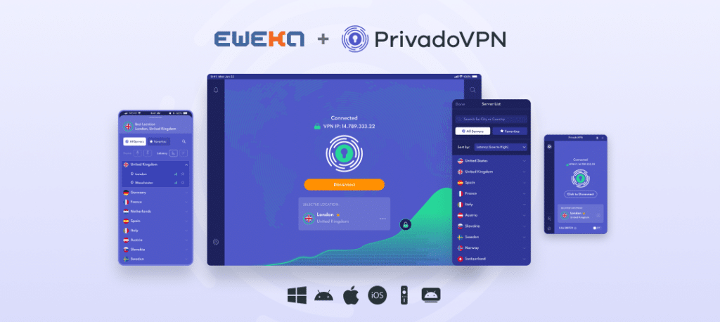 Eweka Usenet VPN. Image of the VPN operating on various devices with the Eweka and PrivadoVPN logos at the top.