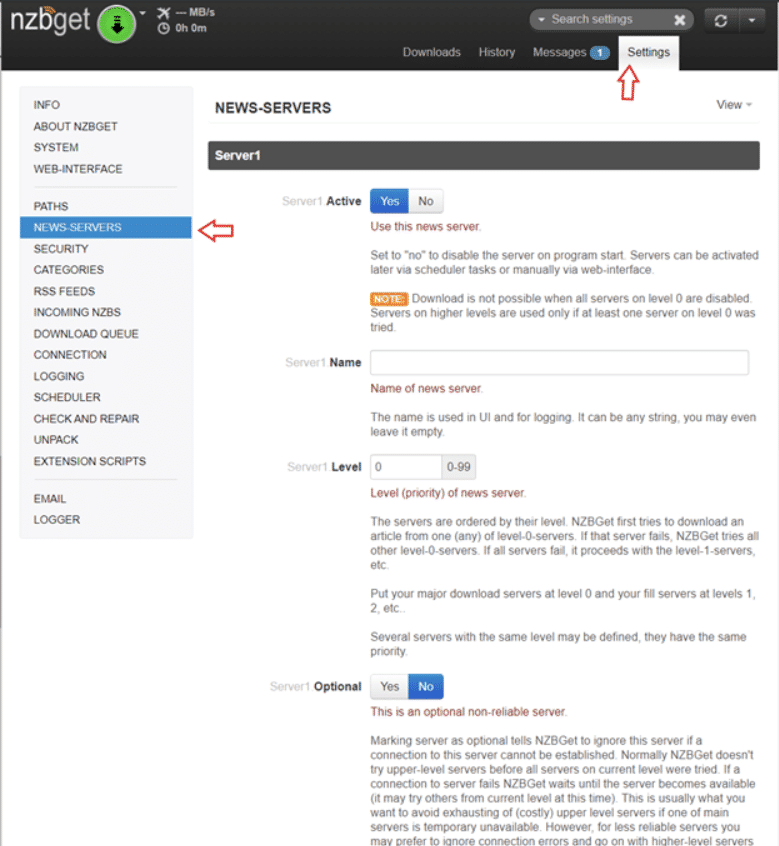 NEWS-SERVERS setting menu of NZBGet.