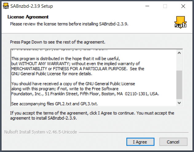SABnzbd license agreement in the setup wizard.