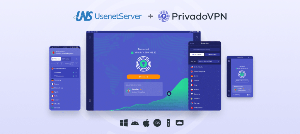 UsenetServer VPN. Image of the VPN operating on various devices with the UsenetServer and PrivadoVPN logos at the top.