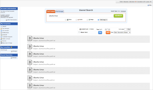 An image of the Easynews Web-to-Usenet interface where somebody has searched for "Ubuntu Linux" and gotten a number of results.