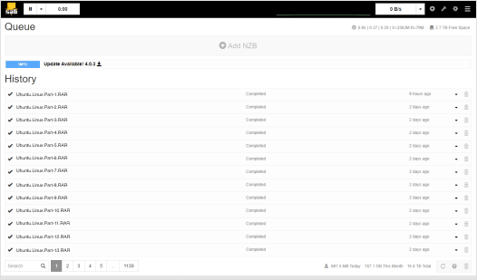 An image of the SABnzbd search results page. Somebody has searched for "Ubuntu Linux" and gotten several results.