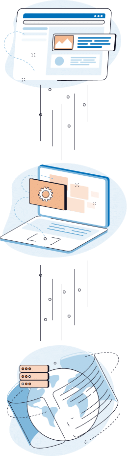 A cartoon composite image that represents the three components of Usenet search: a simplied Usenet newsreader, a laptop with a gear icon hovering in front of it to represent the Indexer, and a globe with pieces of paper spinning around it to represent the Usenet Provider.