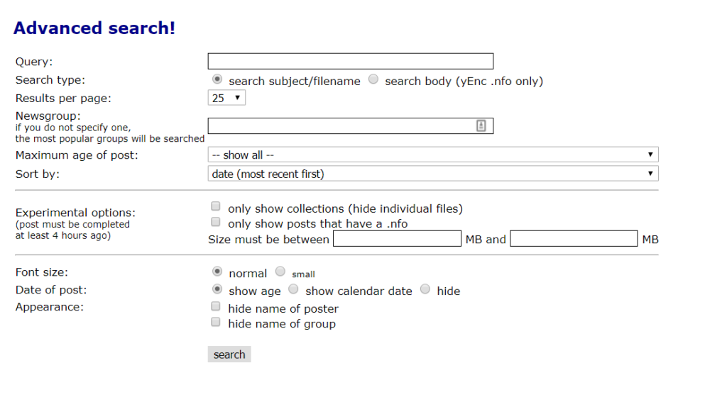 Binsearch advanced search bar interface.