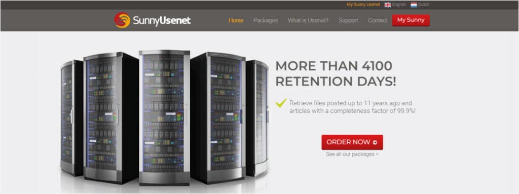 Several server stacks arranged in a circle, facing outward. The words, "More Than 4,100 Article Retention Days. Retrieve articles posted up to 11 years ago with a completion rate of 99.9%!"