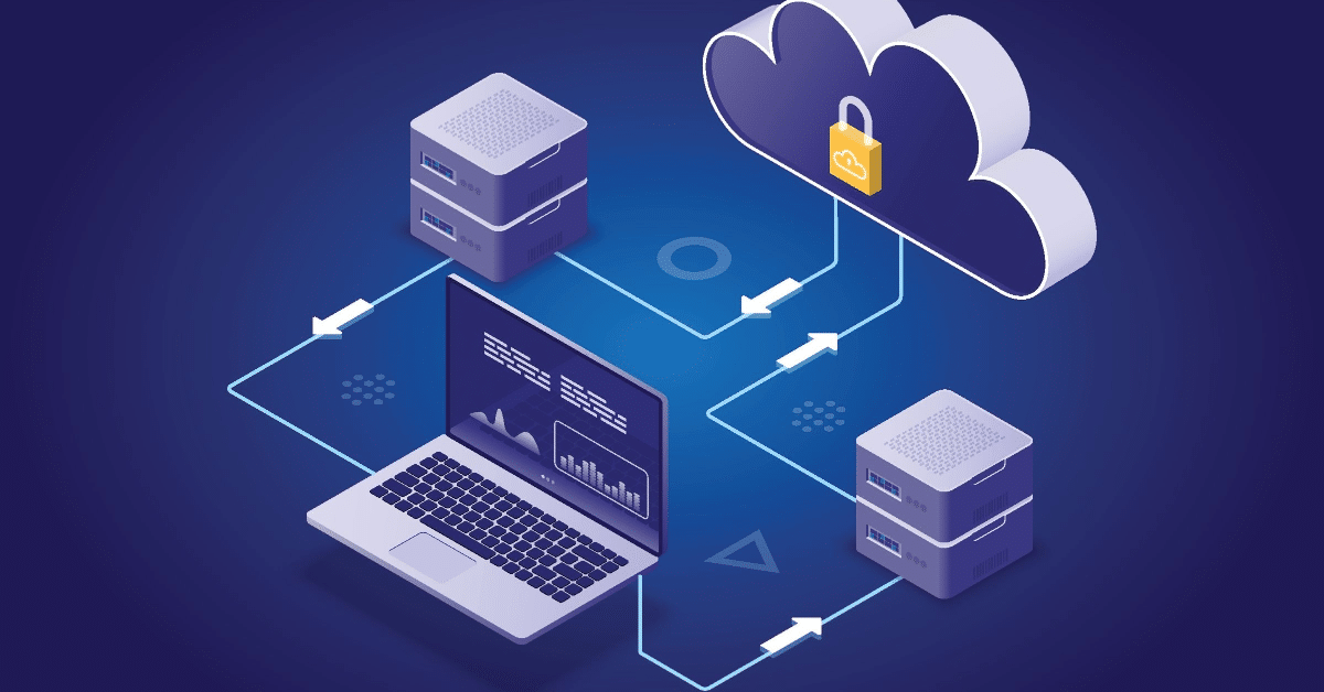 A cartoon of a laptop that is connected by conceptual lines to a server and from there to a cloud with a lock that has another cloud drawn on it. The line then goes back through another server and back to the laptop.