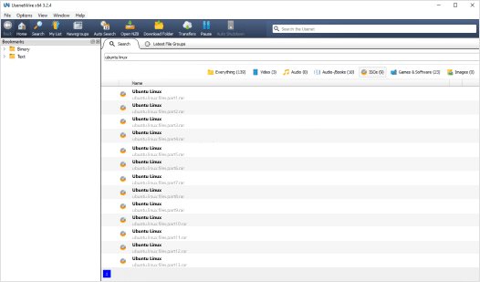 A Screenshot of the UsenetWire user interface. Somebody has searched for "Ubuntu Linux" and gotten a number of results.