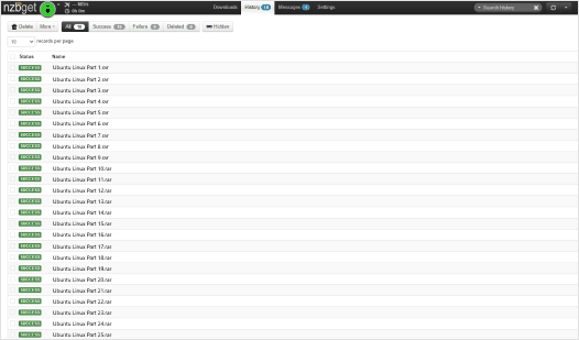 An image of the search results page in NZBGet. Somebody has search for "Ubuntu Linux" and gotten several results.